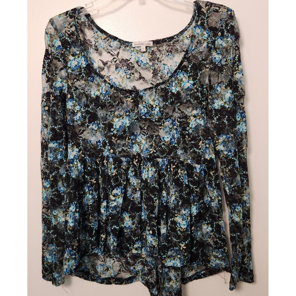 Charlotte Russe Vintage Sheer Mesh Floral Ruffle Peplum Long Sleeve Top Lrg USA